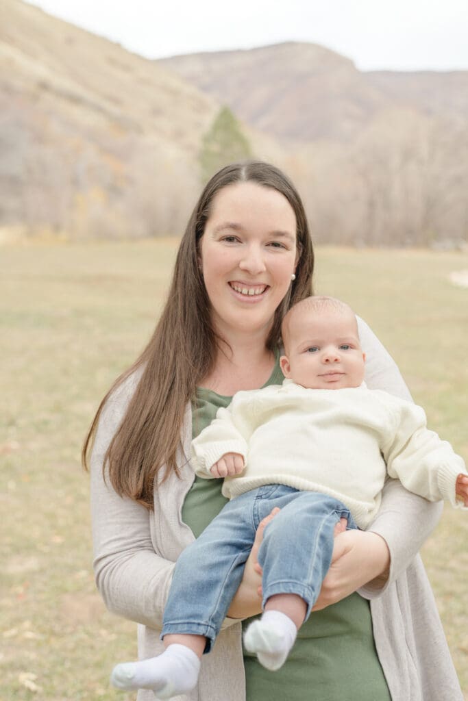 Mom and baby smiling in fall. Canyon Fall family Session